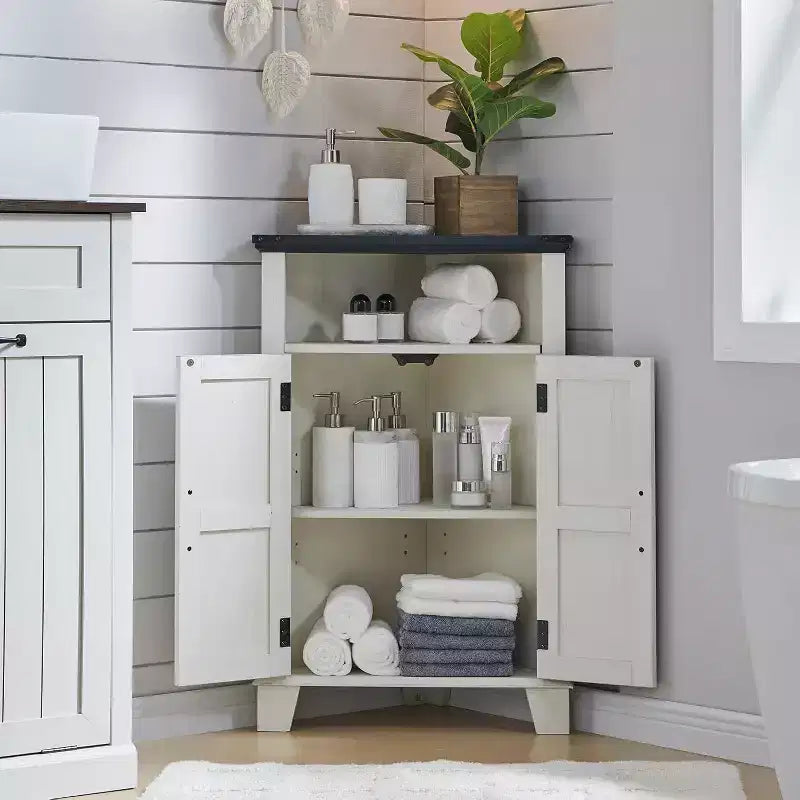 Meuble de salle de bain d'angle de style fermier, petit meuble d'angle avec porte coulissante