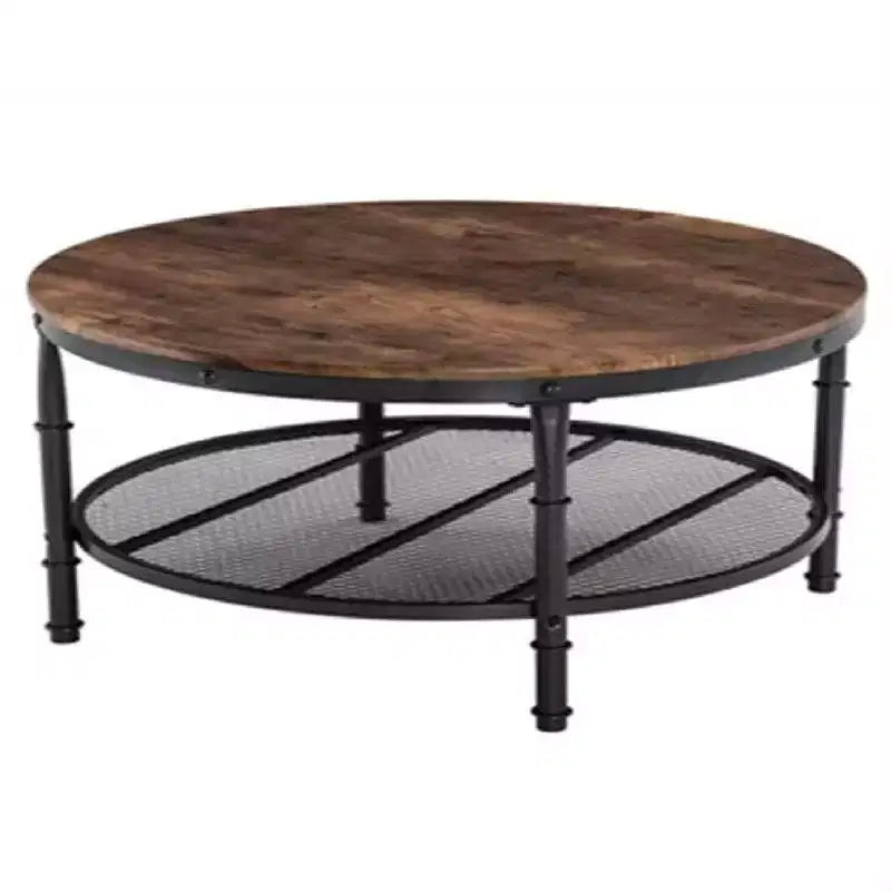 31.89in Double-layer Round Fire-burned Wood PVC Density Board Panel Black Base with Silver Pattern Powder-coated Iron Frame Coffee Table