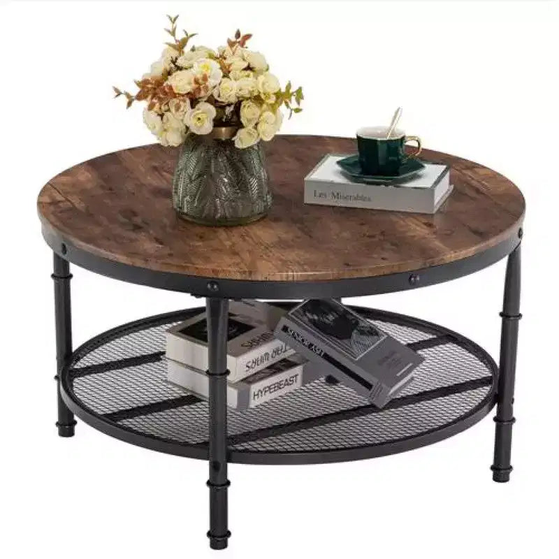 Table basse ronde à double plateau, base noire