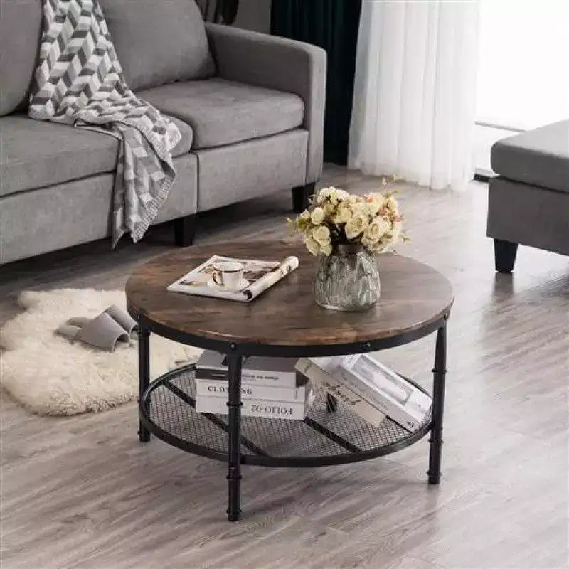 Table basse ronde à double plateau, base noire