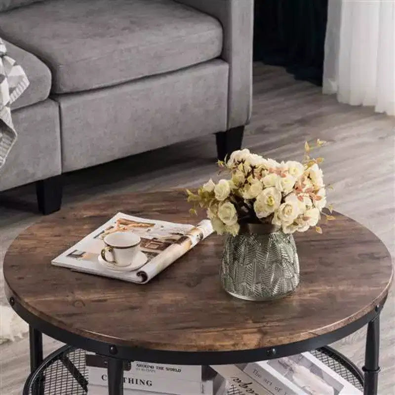 Table basse ronde à double plateau, base noire