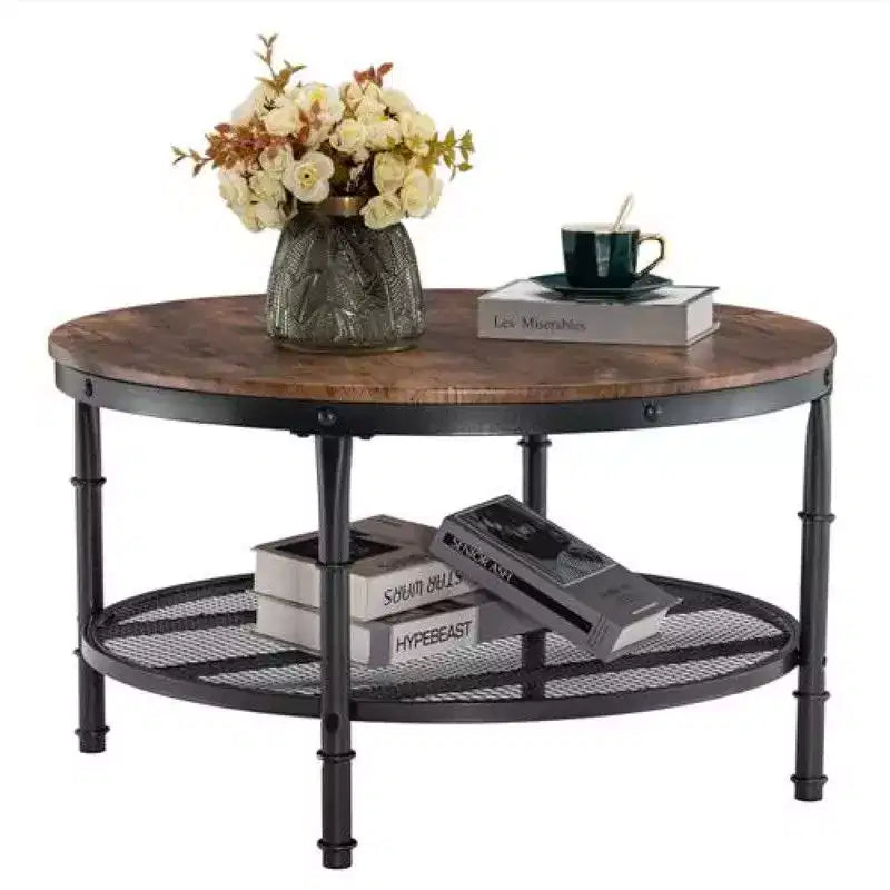 Table basse ronde à double plateau, base noire