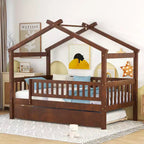 Bellemave Twin Size House Bed with Trundle Montessori Style Bed with Guardrails for Kids Boys Girls Brown