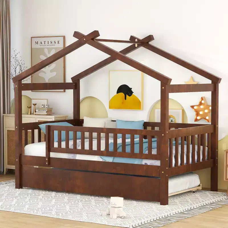 Bellemave Twin Size House Bed with Trundle Montessori Style Bed with Guardrails for Kids Boys Girls Brown