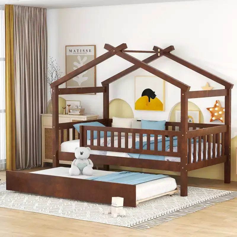 Lit Cabane avec Lit Gigogne Style Montessori avec Barrières de Sécurité