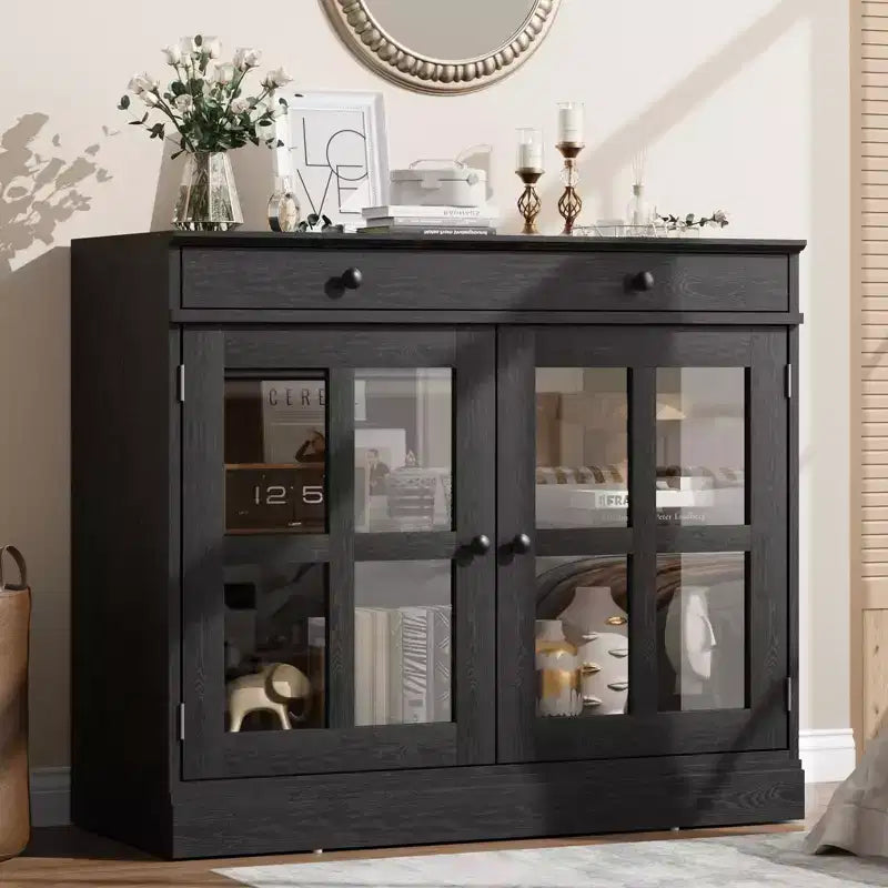 Kitchen Storage Cabinet 2 Glass Door Buffet Sideboard with a Large Storage Drawer with Adjustable Shelf for Dining Room Kitchen Entryway
