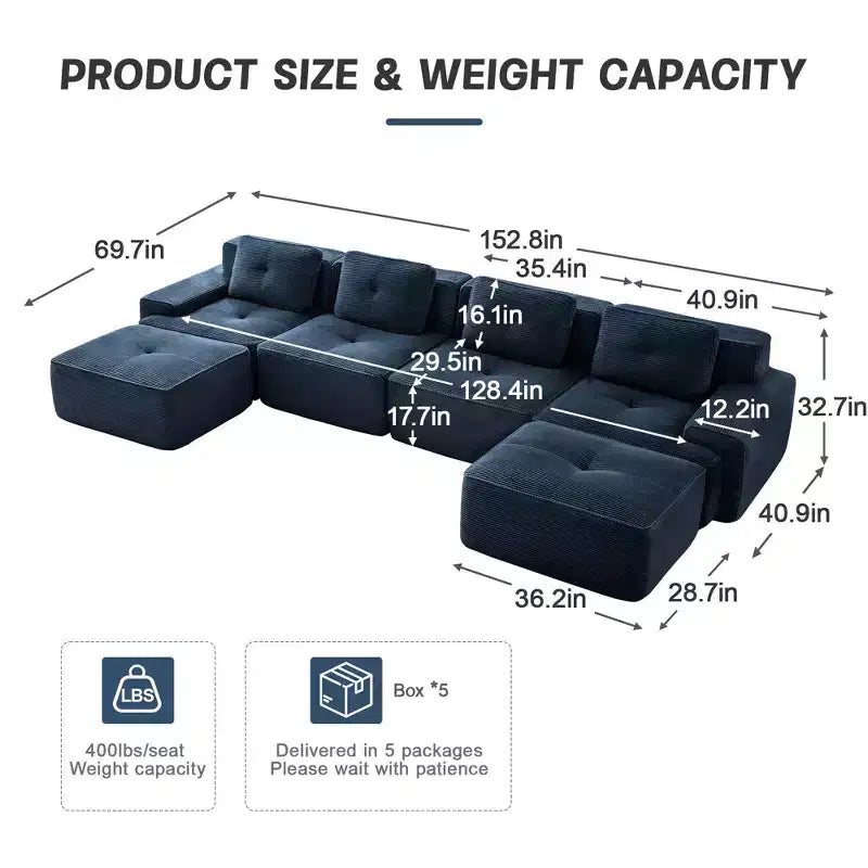 Canapé modulaire moderne en U en velours côtelé avec 2 poufs mobiles