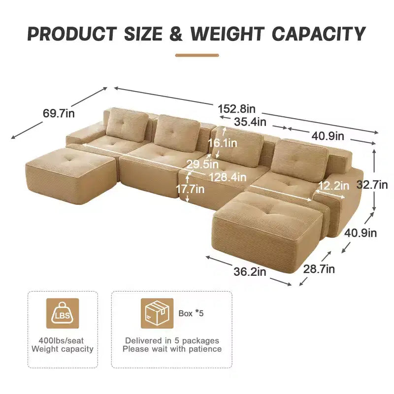 Canapé modulaire moderne en U en velours côtelé avec 2 poufs mobiles
