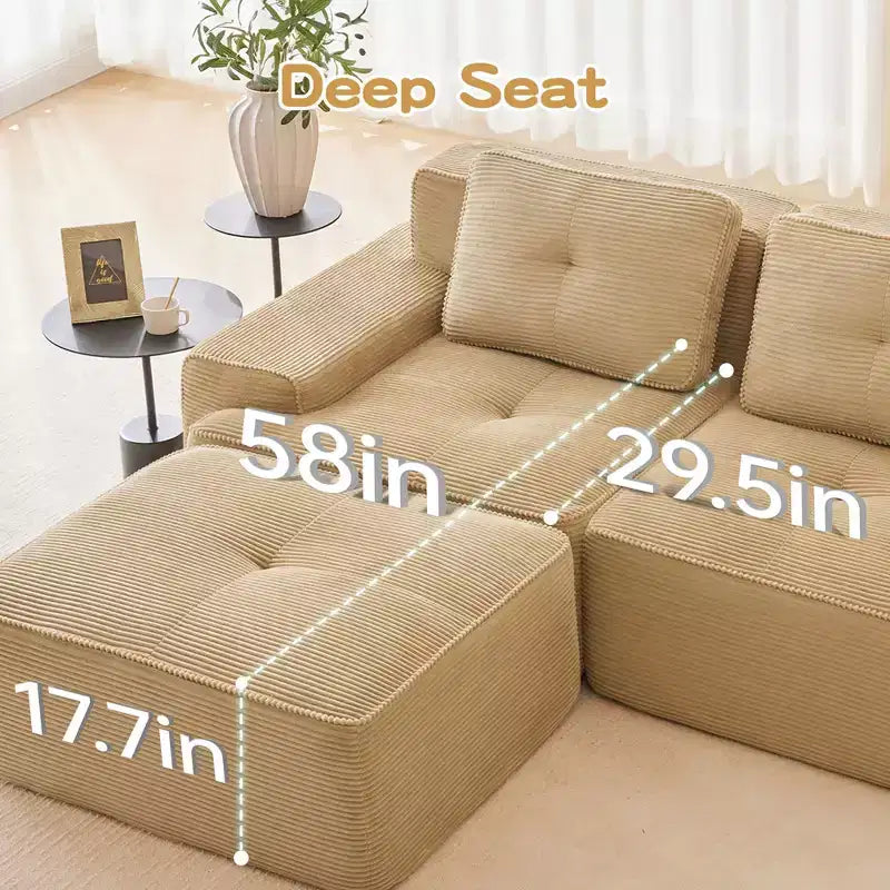 Canapé modulaire moderne en U en velours côtelé avec 2 poufs mobiles