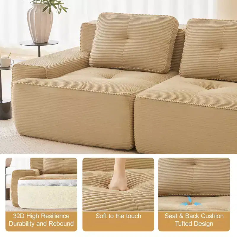 Canapé modulaire moderne en U en velours côtelé avec 2 poufs mobiles
