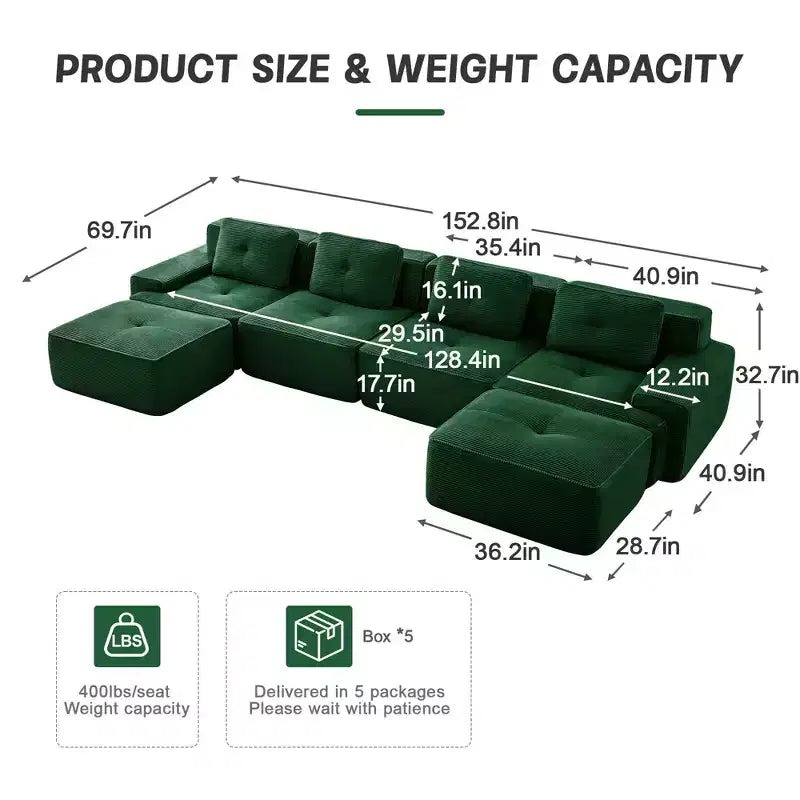 Canapé modulaire moderne en U en velours côtelé avec 2 poufs mobiles