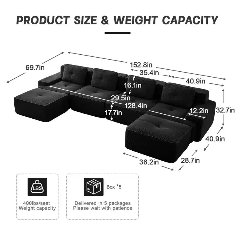 Canapé modulaire moderne en U en velours côtelé avec 2 poufs mobiles