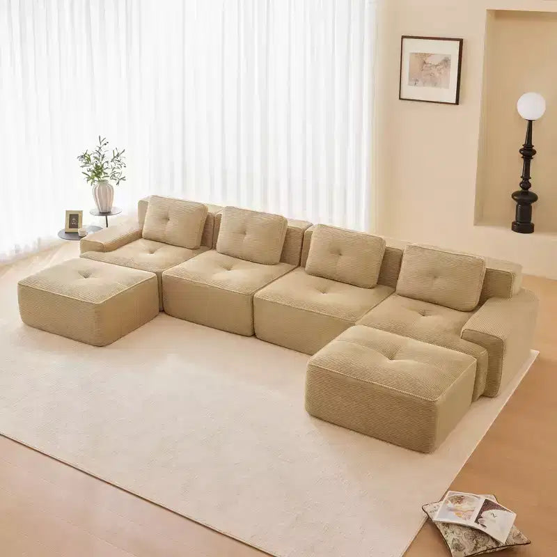 153 Modern U-Shaped Modular Sectional Sofa for Living Room Corduroy Fabric 4-Seater Couch with Deep Seat and 2-Movable Ottoman Camel