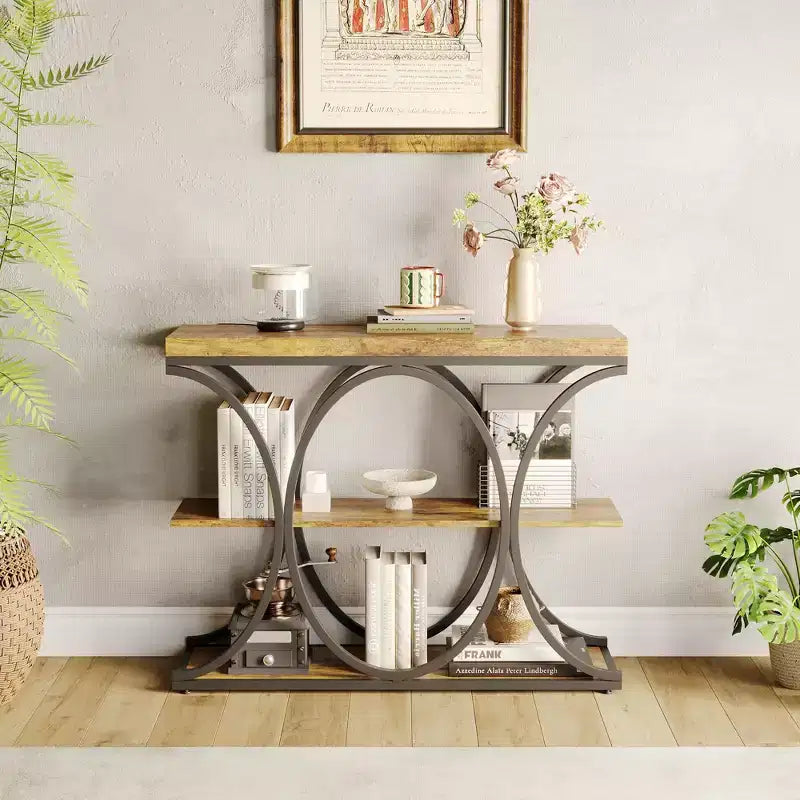 39 Industrial Entryway Table 3-Tier Console Table Sofa Table with Circle Metal Frame Accent Table with Wooden Storage Shelves for Living Room