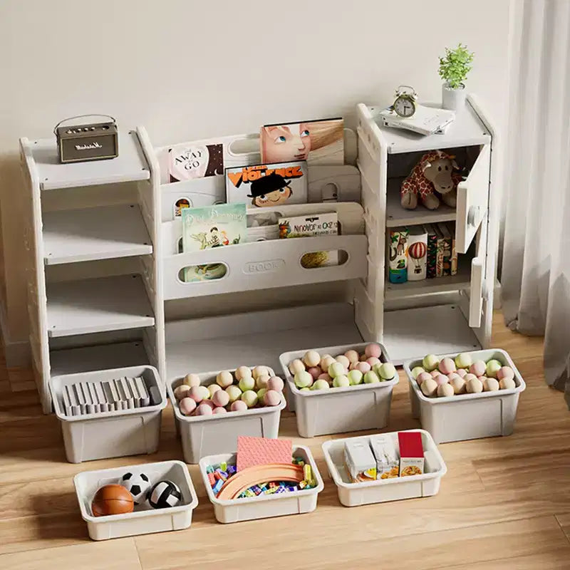 Whisen Kids Toy Storage Organizer 8 Storage Cabinet Toy Bins 4-Tier Book Storage and 2 Cabinet Storage - Gray & Ivory