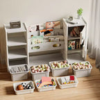 Whisen Kids Toy Storage Organizer 8 Storage Cabinet Toy Bins 4-Tier Book Storage and 2 Cabinet Storage - Gray & Ivory