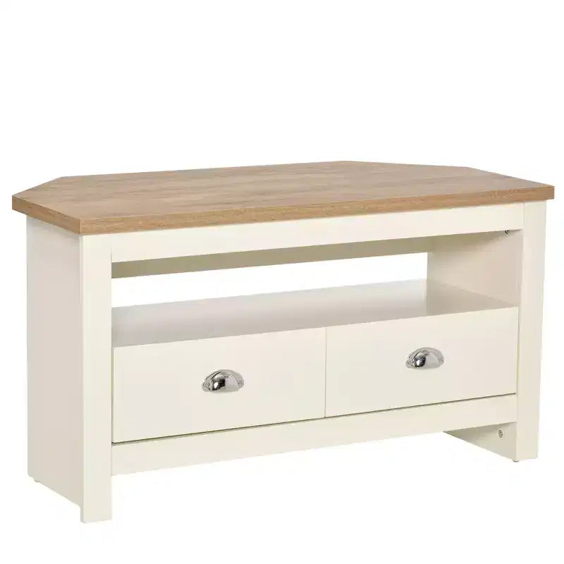 Meuble TV d'angle moderne en bois avec tiroirs et étagère ouverte