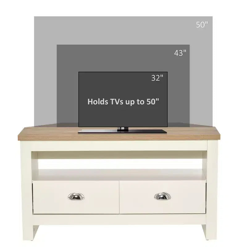 Meuble TV d'angle moderne en bois avec tiroirs et étagère ouverte