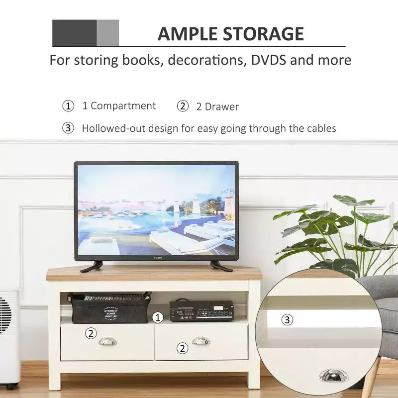 Meuble TV d'angle moderne en bois avec tiroirs et étagère ouverte