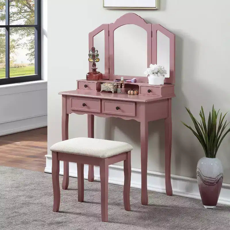 Table de maquillage et tabouret en bois or rose