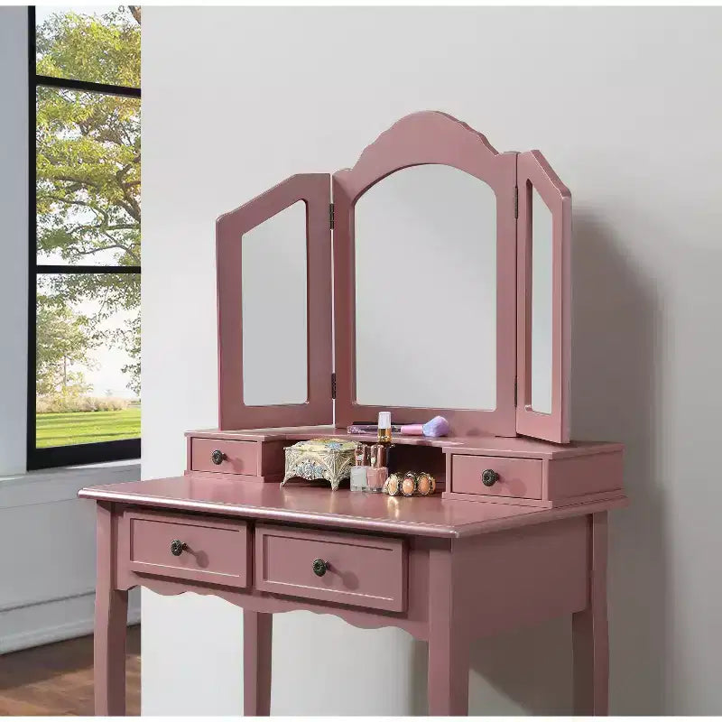 Table de maquillage et tabouret en bois or rose