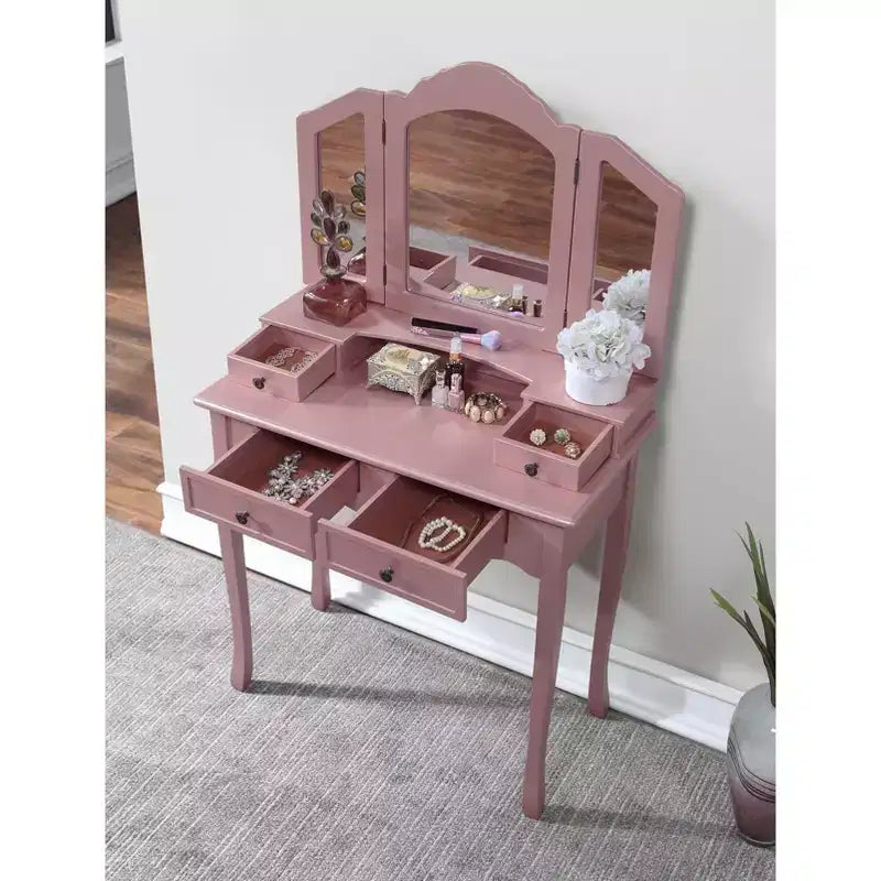 Table de maquillage et tabouret en bois or rose