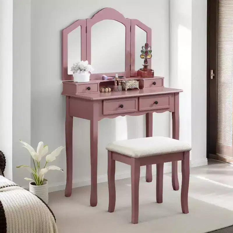 Table de maquillage et tabouret en bois or rose
