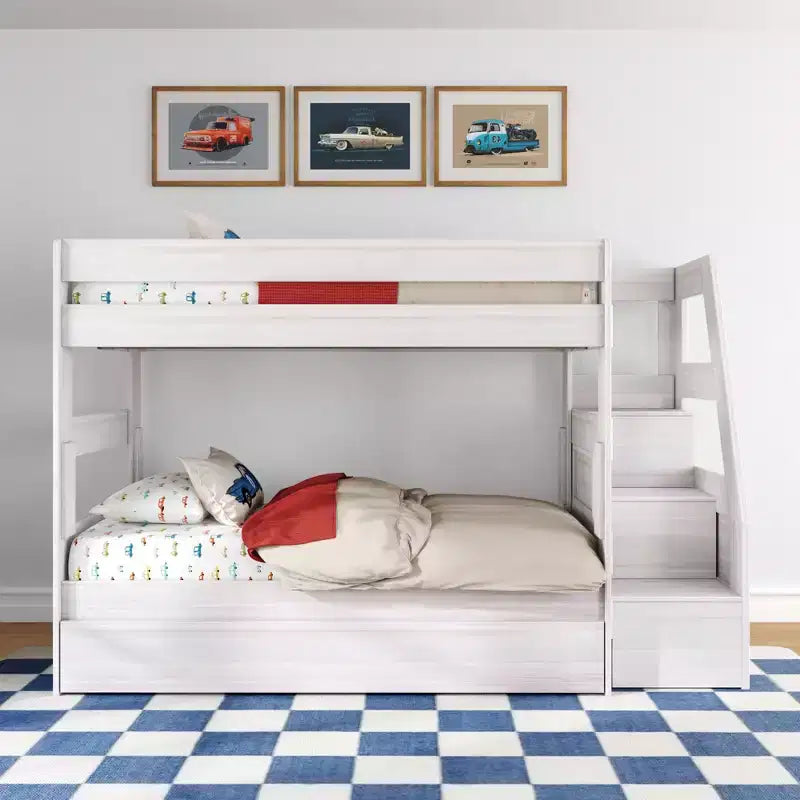 Lit superposé double sur double de style moderne campagnard avec escalier et lit gigogne