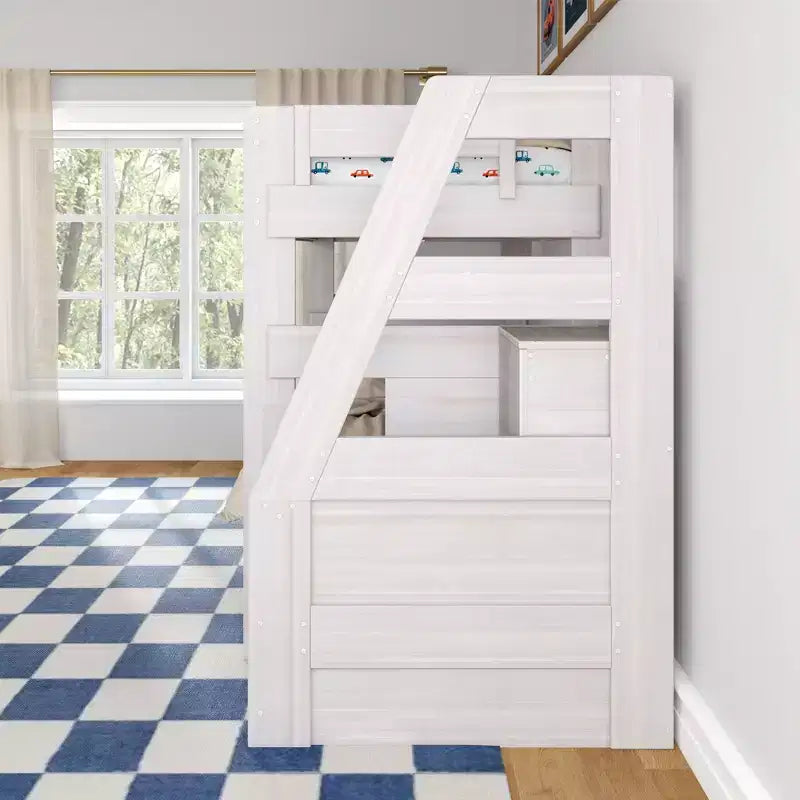 Lit superposé double sur double de style moderne campagnard avec escalier et lit gigogne