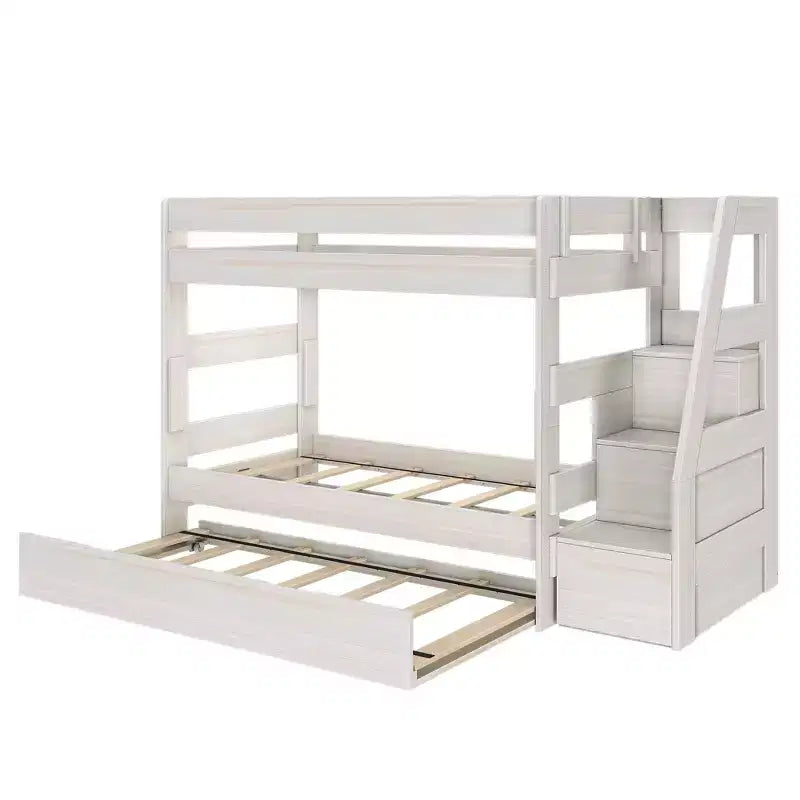 Lit superposé double sur double de style moderne campagnard avec escalier et lit gigogne