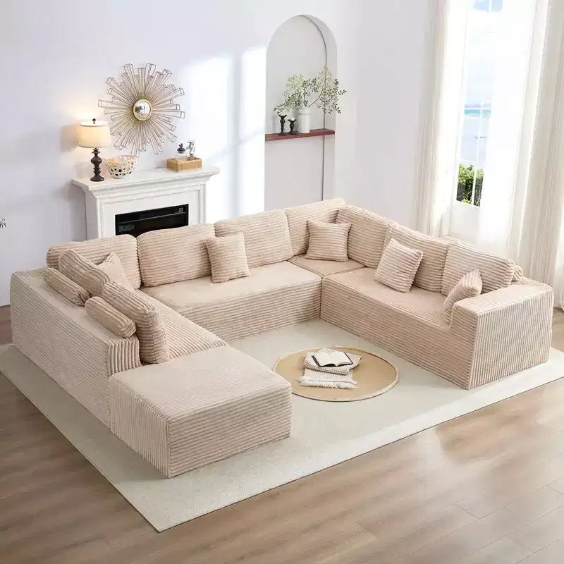 Mjkone 136 U-Shaped Modular Corduroy Sectional Sofa Modern 7-Seater Deep Seats Sofa with Movable Ottoman