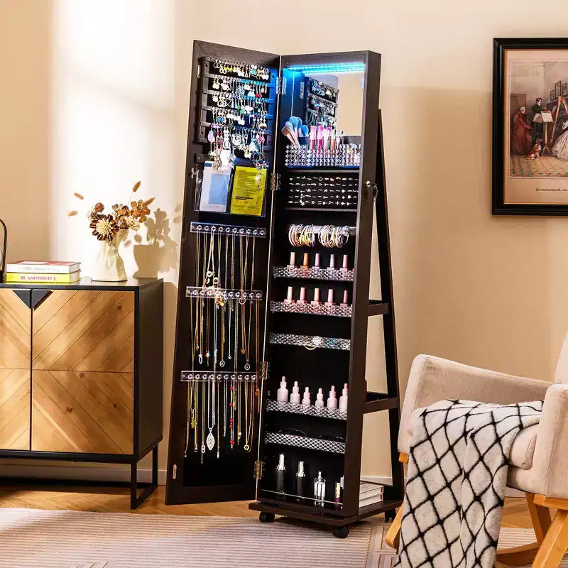 Armoire à bijoux avec lumières 3 couleurs, étagères réglables et roulettes