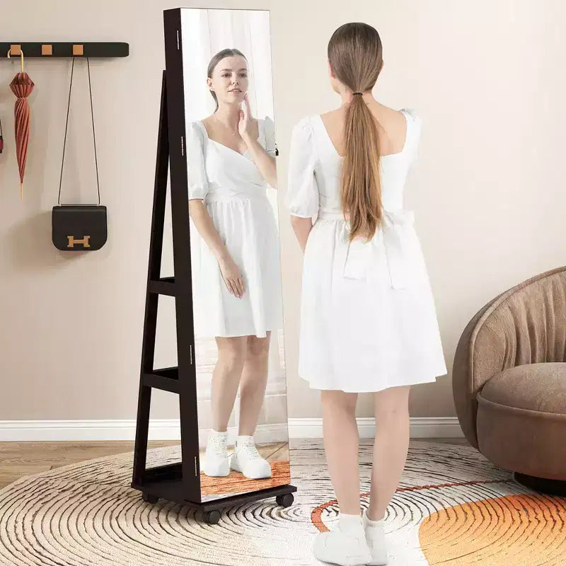 Armoire à bijoux avec lumières 3 couleurs, étagères réglables et roulettes