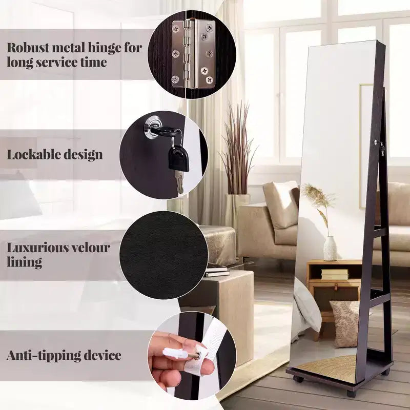 Armoire à bijoux avec lumières 3 couleurs, étagères réglables et roulettes