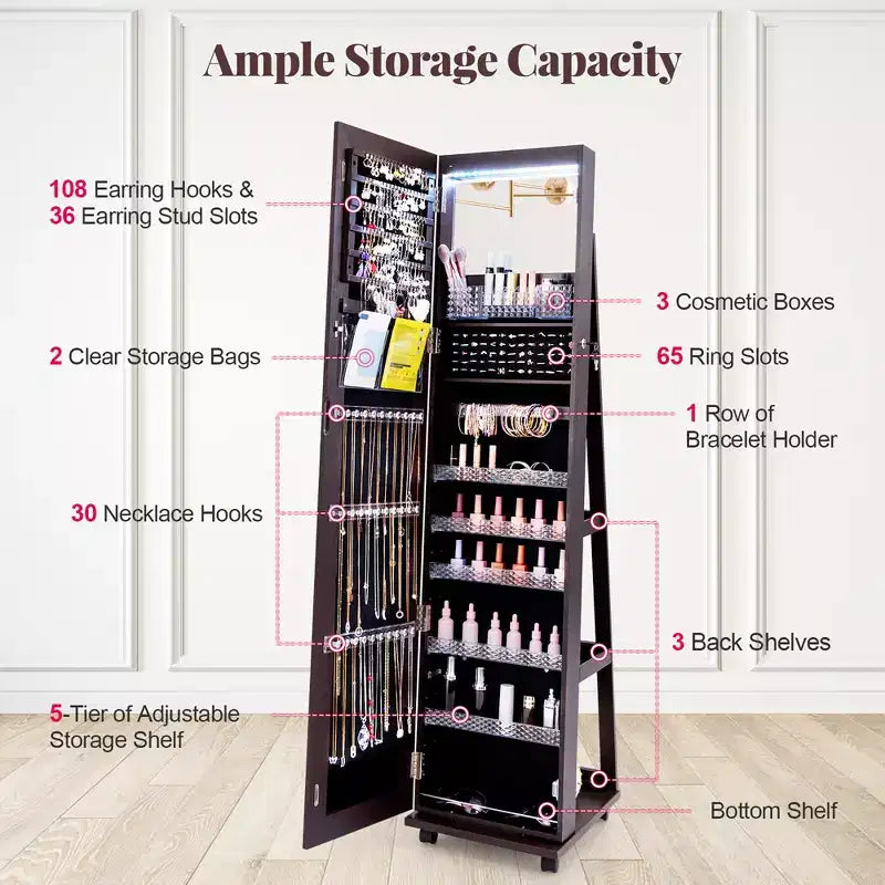 Armoire à bijoux avec lumières 3 couleurs, étagères réglables et roulettes