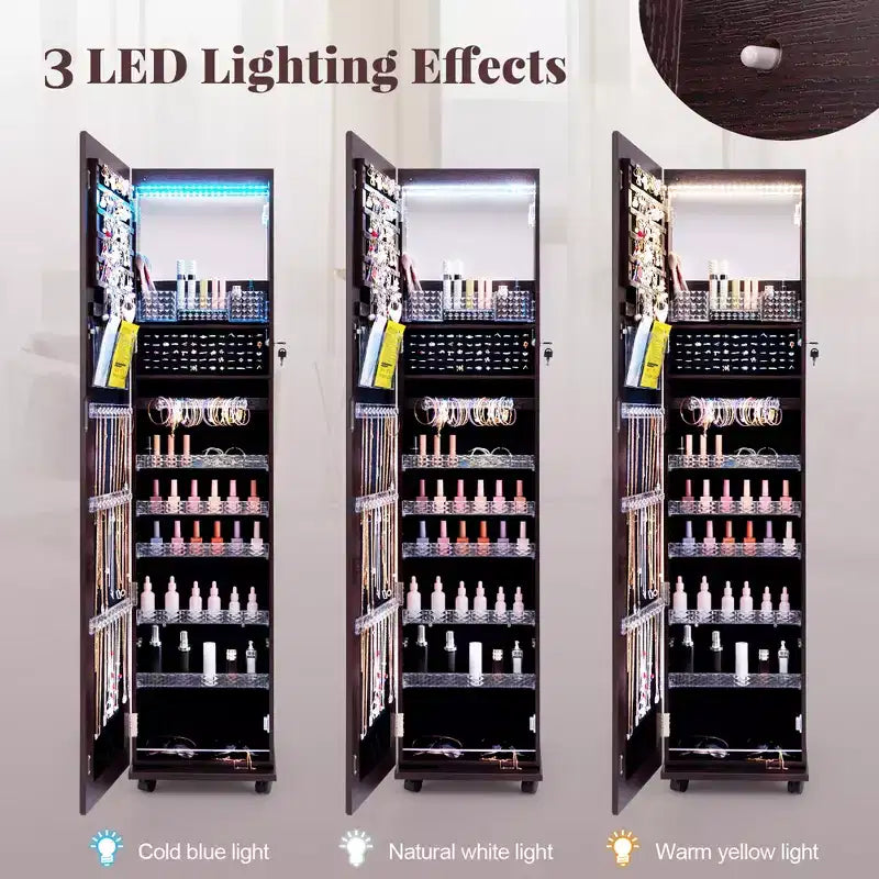 Armoire à bijoux avec lumières 3 couleurs, étagères réglables et roulettes