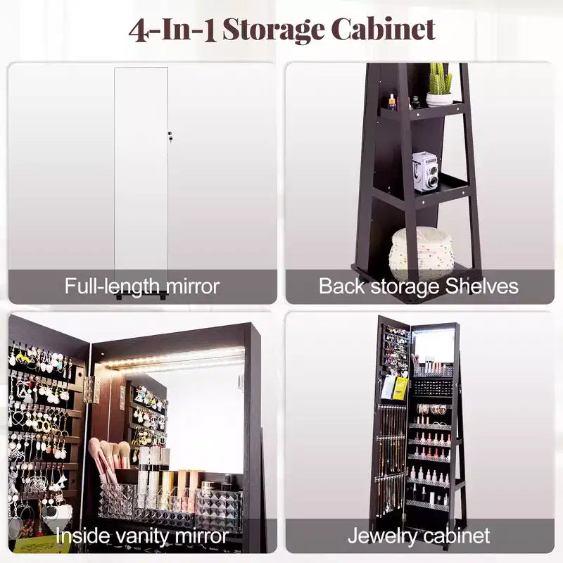 Armoire à bijoux avec lumières 3 couleurs, étagères réglables et roulettes