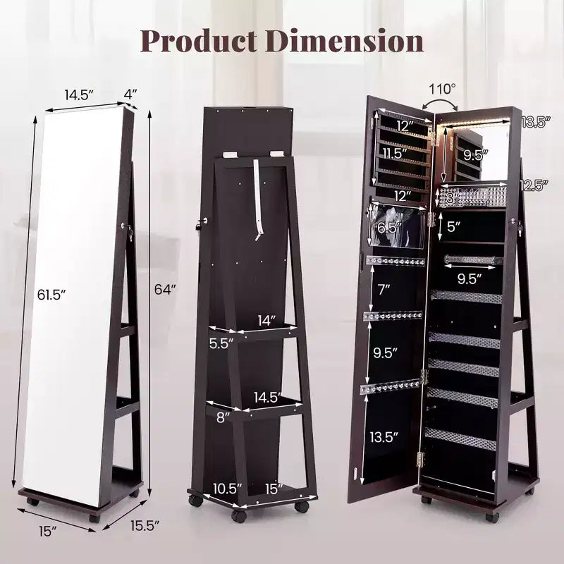 Armoire à bijoux avec lumières 3 couleurs, étagères réglables et roulettes