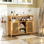 Meuble de rangement 2 portes en bambou pour salle de bain avec étagères