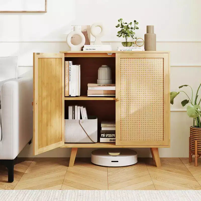 Bahut buffet en bambou avec portes en rotin PE Armoire de cuisine autoportante