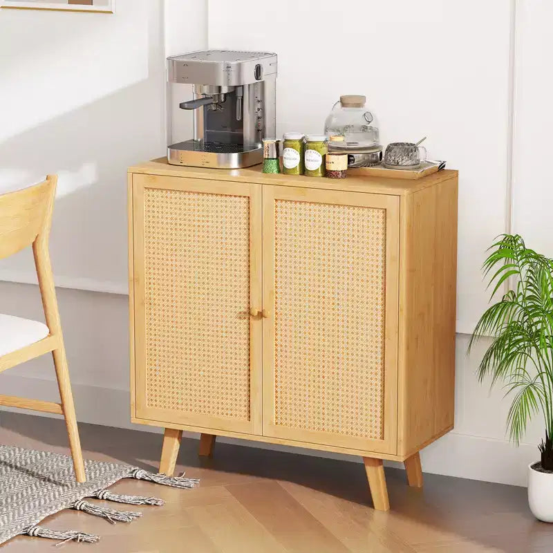 Bahut buffet en bambou avec portes en rotin PE Armoire de cuisine autoportante
