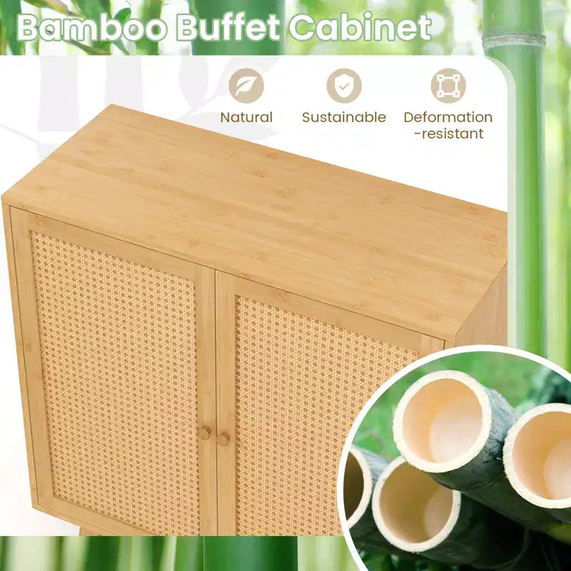 Bahut buffet en bambou avec portes en rotin PE Armoire de cuisine autoportante