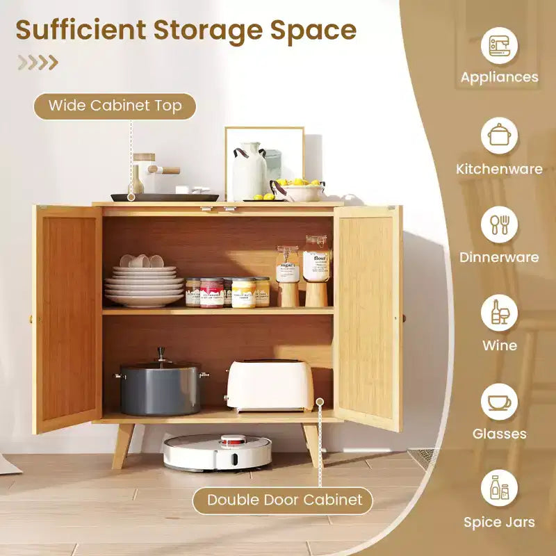 Bahut buffet en bambou avec portes en rotin PE Armoire de cuisine autoportante