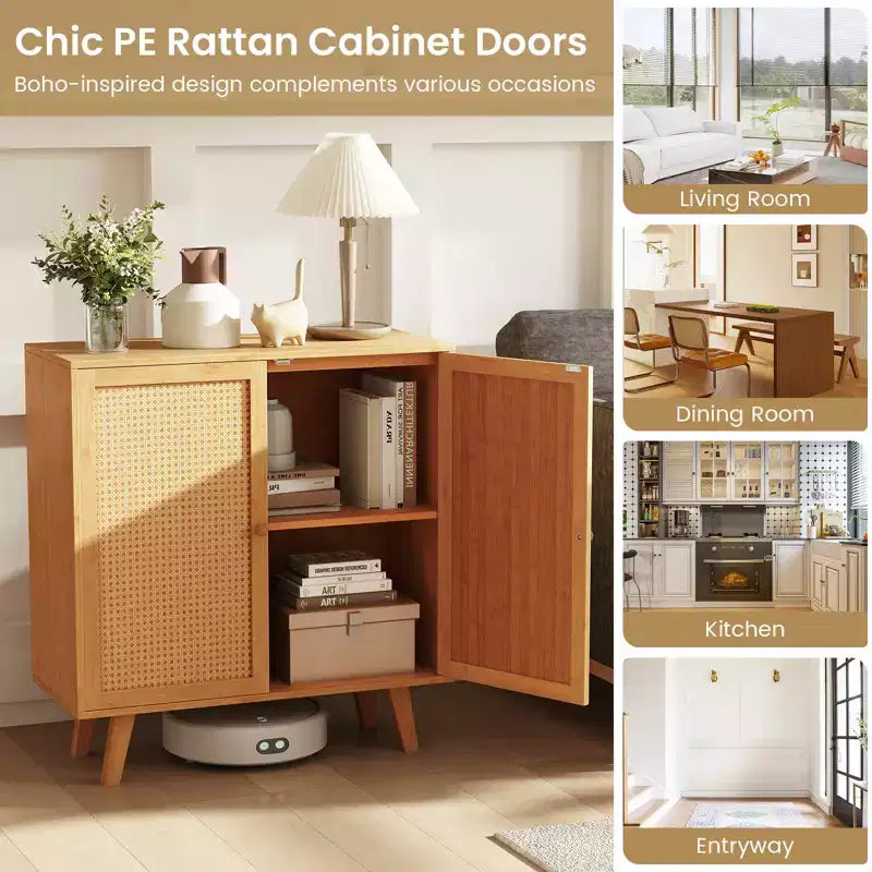Bahut buffet en bambou avec portes en rotin PE Armoire de cuisine autoportante