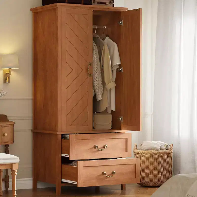 Wood Armoire Wardrobe Closet with 2 Drawers 71''H Clothing Storage Cabinet with Metal Handing Rod Armoire Clothes Organizer for Bedroom Cloak Room