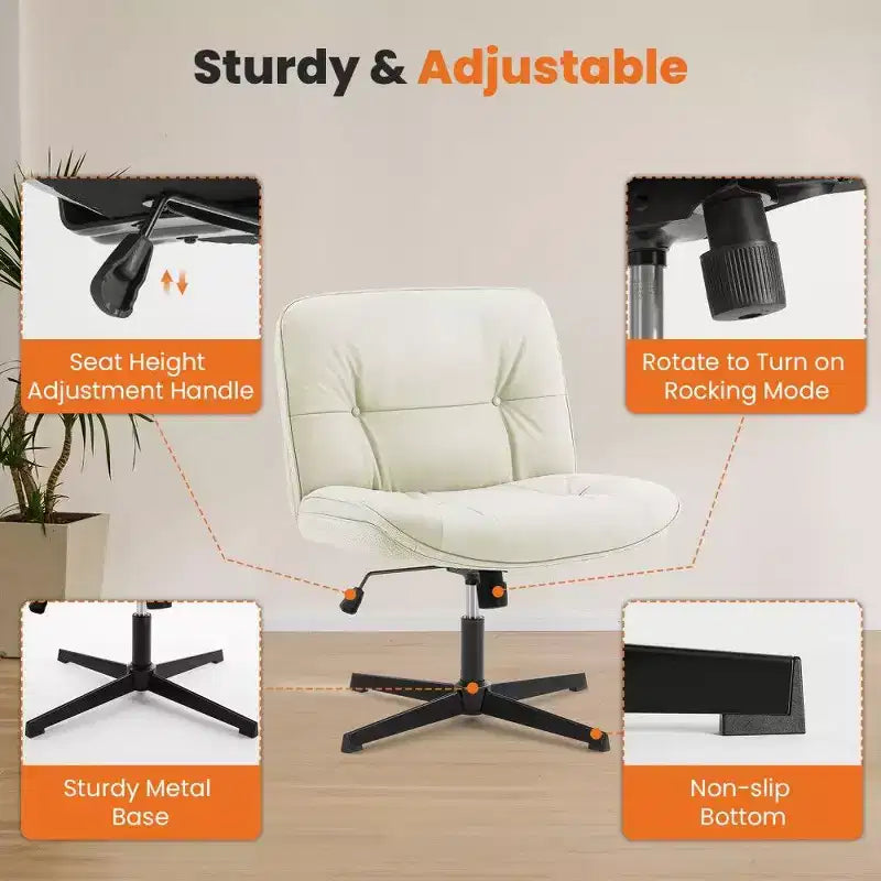 Siège de bureau sans roulettes, avec assise pivotante sans accoudoirs pour s'asseoir les jambes croisées
