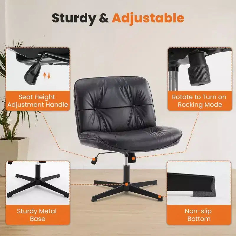Siège de bureau sans roulettes, avec assise pivotante sans accoudoirs pour s'asseoir les jambes croisées