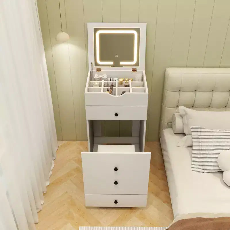 Coiffeuse avec miroir LED escamotable réglable, grand rangement et roulettes mobiles