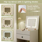 Coiffeuse avec miroir LED escamotable réglable, grand rangement et roulettes mobiles
