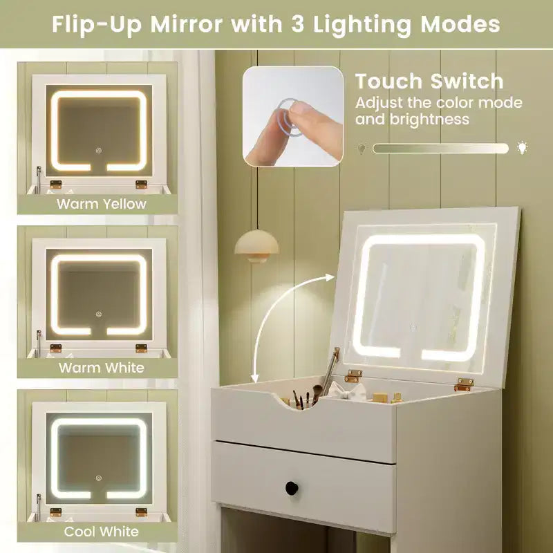 Coiffeuse avec miroir LED escamotable réglable, grand rangement et roulettes mobiles